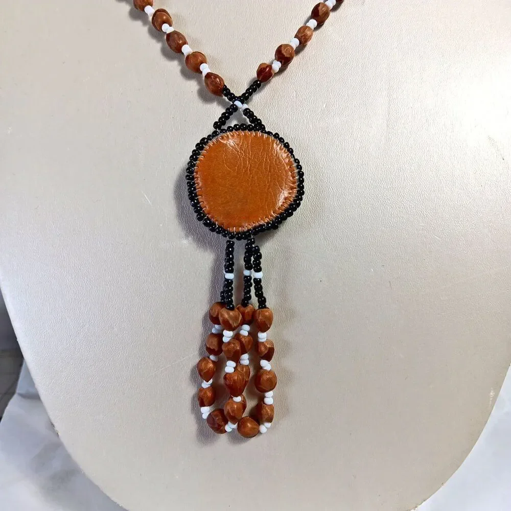 Ghost Bead Necklace Black White Brown Juniper Berry Seed Leather Mandala Tassel